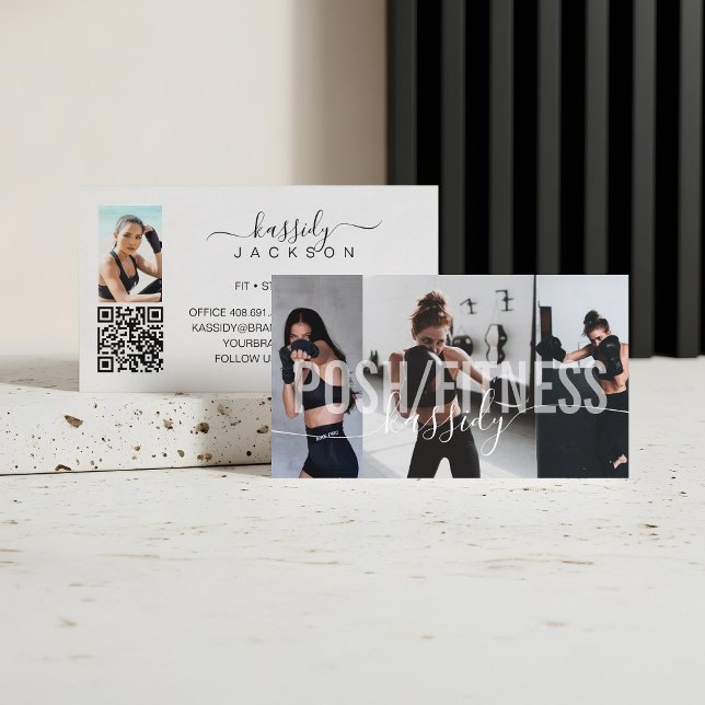 Bold Personal Fitness Trainer Photo Collage Script Business Card (Bold Fitness Trainer Photo Collage Script Name QR Business Card)