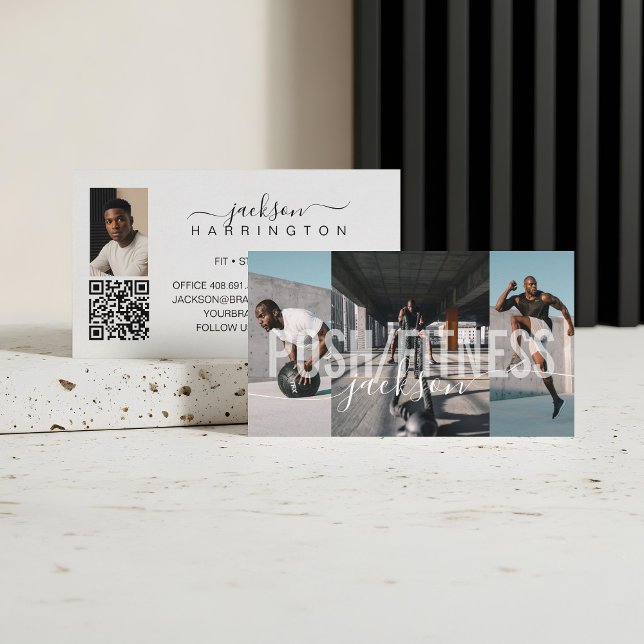 Bold Personal Fitness Trainer Photo Collage Script Business Card (Bold Fitness Trainer Photo Collage Script Name QR Business Card)