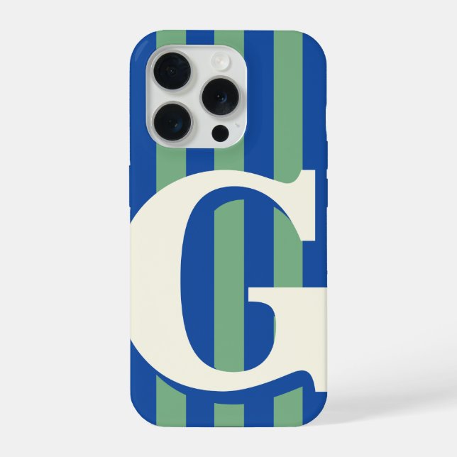 Bold Personalized Initial, Blue and Green Stripe iPhone Case (Back)