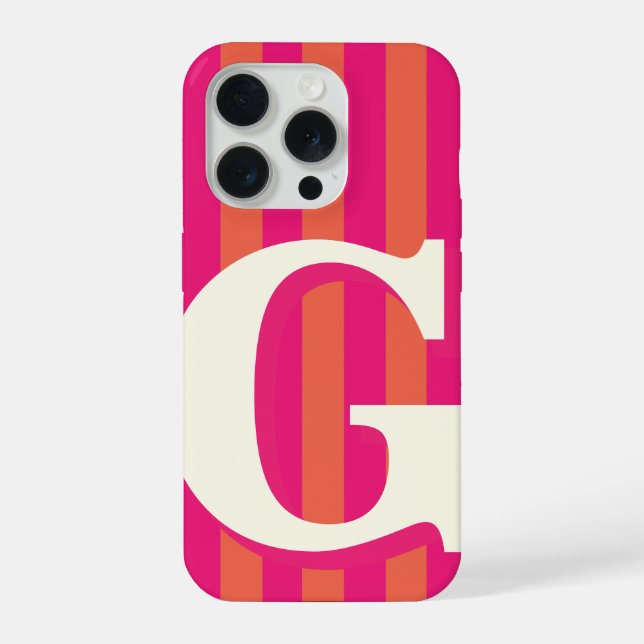 Bold Personalized Initial, Pink and Orange Stripe Iphone Case (Back)