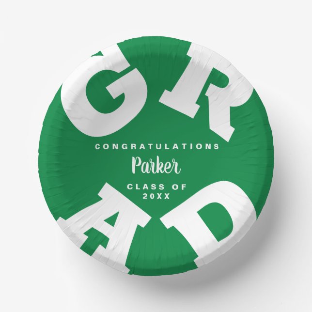 Bold Personalized White on Green Graduation Paper Bowls (Front)