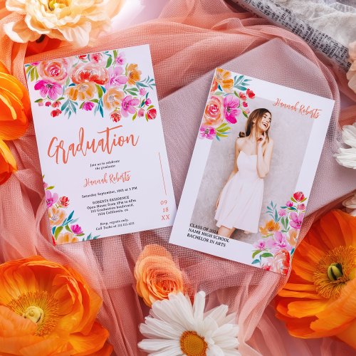 Bold photo Boho orange floral graduation