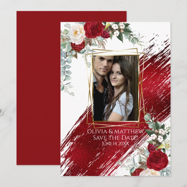 BOLD Photo Frame Crimson Floral Paint Stroke Invitation (Front/Back)