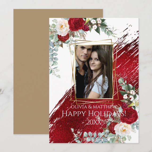 BOLD Photo Frame Crimson Happy Holidays Invitation (Front/Back)