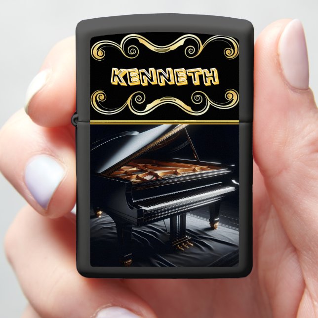 Bold Piano Art on Stylish Black Zippo Lighter (In Hand)