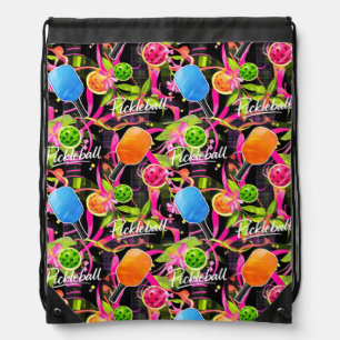 Bold Pickleball Paddles & Florals Drawstring Bag