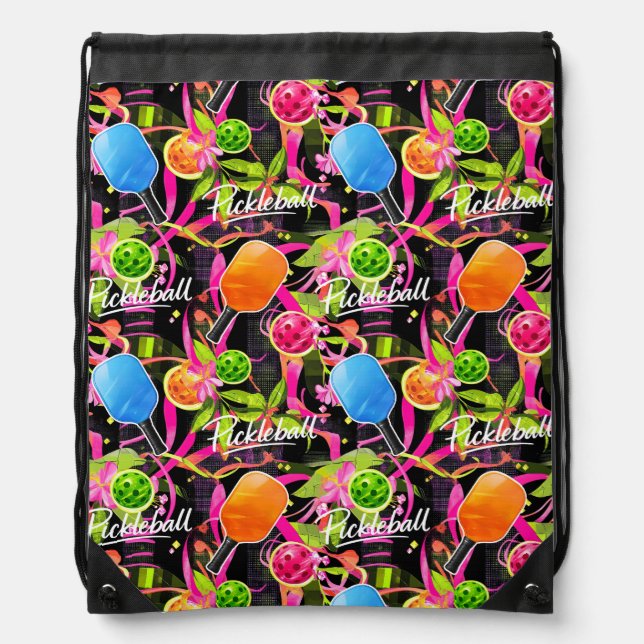 Bold Pickleball Paddles & Florals Drawstring Bag (Front)