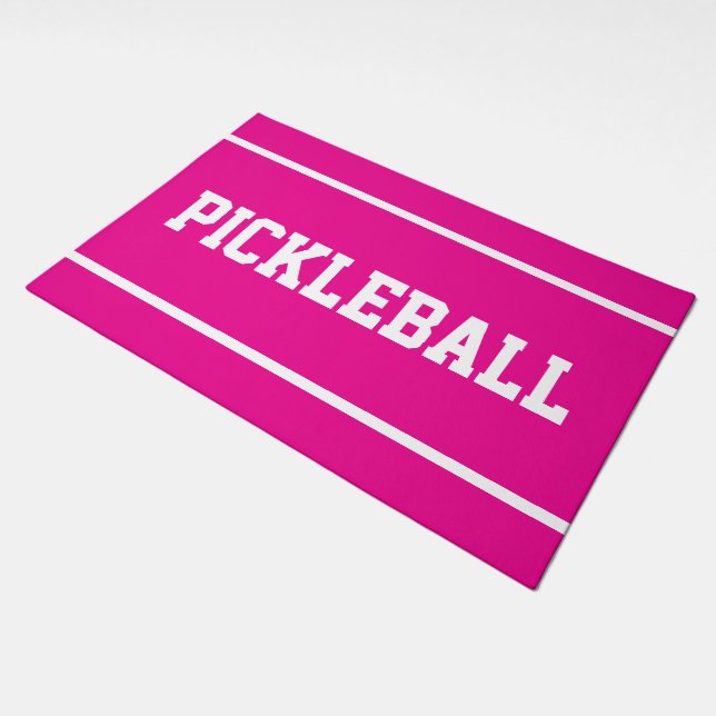 Bold PICKLEBALL White Text Stripes On Bright Pink Doormat (Angled)