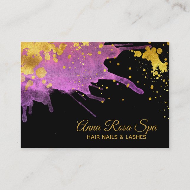 *~*Bold Pink Abstract Watercolor Gold Luxe Glam Business Card (Front)