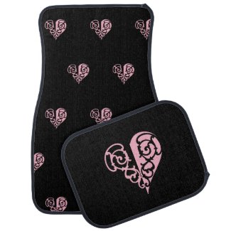Bold Pink and Black Filigree Heart Set of Car Mats
