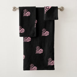 Bold Pink and Black Filigree Heart Towel Set