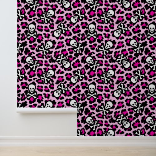 Bold Pink and Black Punk Jolly Roger Leopard Print Wallpaper