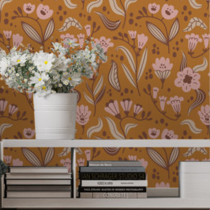 Bold Pink and Goldenrod Retro Floral Wallpaper