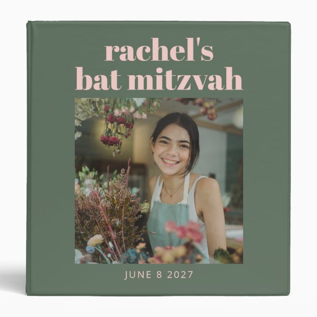 Bold Pink and Green Bat Mitzvah Photo Planning 3 Ring Binder (Front)