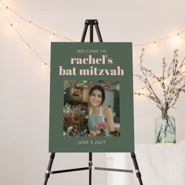 Bold Pink and Green Bat Mitzvah Photo Welcome  Foam Board (In Situ (Stand))
