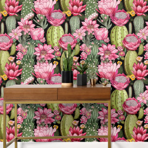 Bold Pink and Green Cactus Peel and Stick Wallpaper
