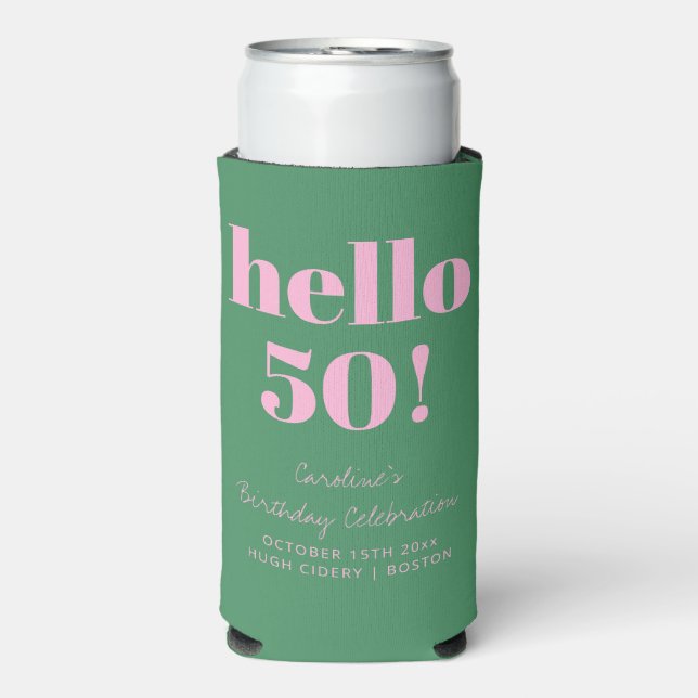 Bold Pink and Green Modern 50th Birthday Custom Seltzer Can Cooler (Seltzer Front)
