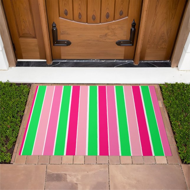 Bold Pink and Green Stripes  Doormat (Outdoor)