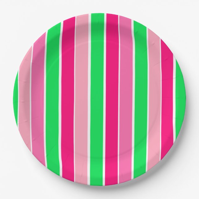 Bold Pink and Green Stripes  Paper Plates (Front)