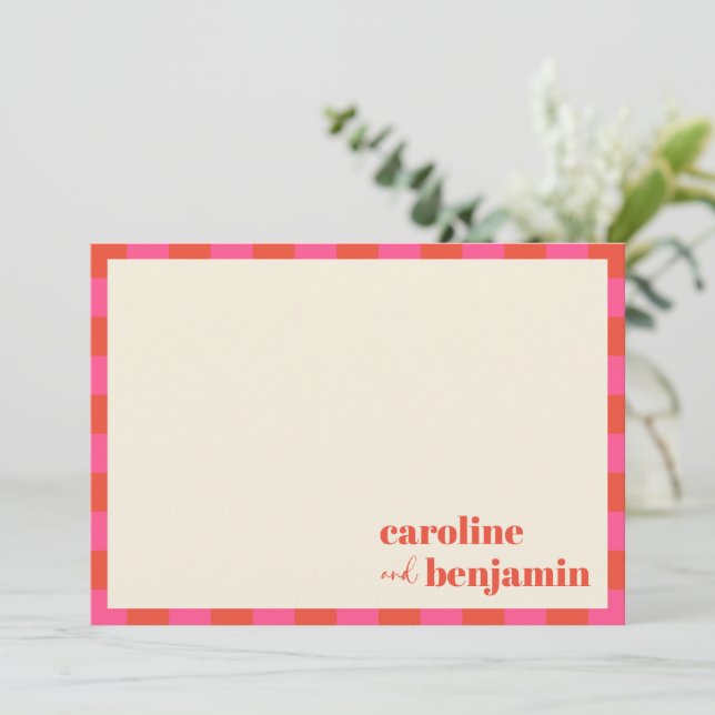 Bold Pink and Orange Checkerboard Custom Wedding Thank You Card (Standing Front)