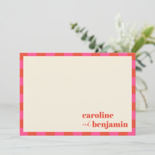 Bold Pink and Orange Checkerboard Custom Wedding Thank You Card