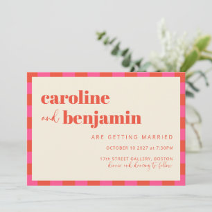Bold Pink and Orange Checkerboard Pattern Wedding Invitation