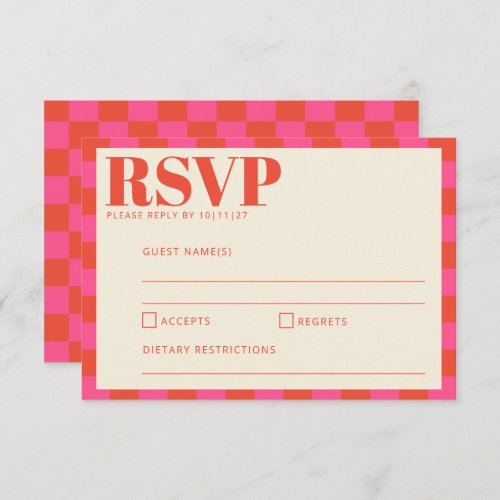 Bold Pink and Orange Checkerboard Pattern Wedding  RSVP Card