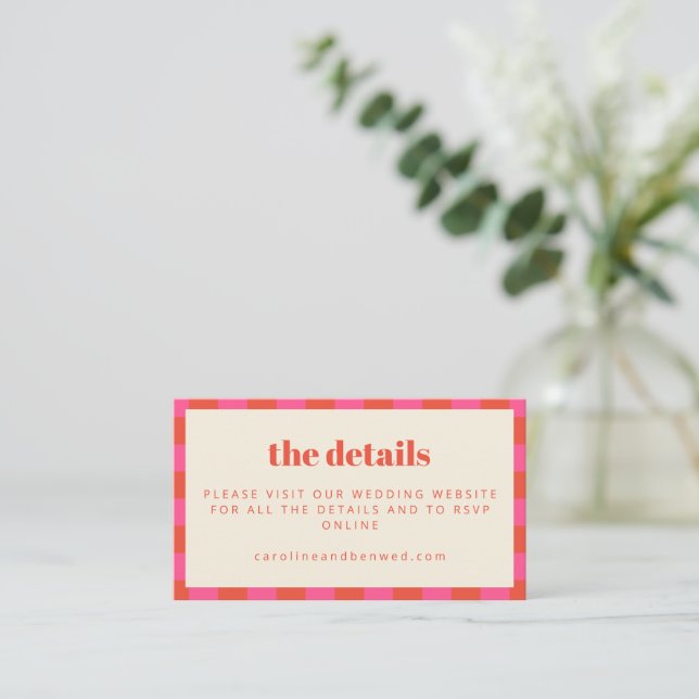 Bold Pink and Orange Checkerboard Wedding Website Enclosure Card (Standing Front)