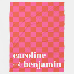 Bold Pink and Red Checkerboard Custom Wedding Fleece Blanket