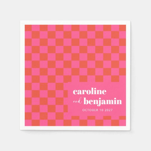 Bold Pink and Red Checkerboard Custom Wedding Napkins