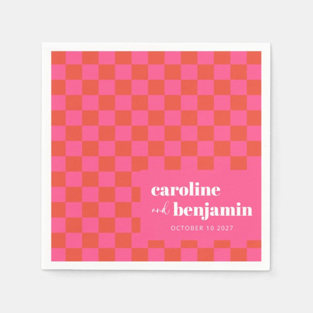 Bold Pink and Red Checkerboard Custom Wedding Napkins (Front)