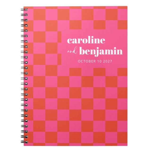Bold Pink and Red Checkerboard Custom Wedding   Notebook (Front)