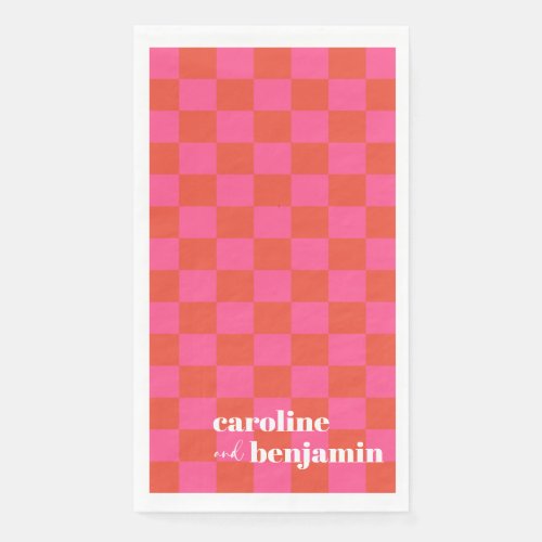 Bold Pink and Red Checkerboard Custom Wedding Paper Guest Towels