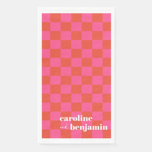 Bold Pink and Red Checkerboard Custom Wedding Paper Guest Towels (Front)