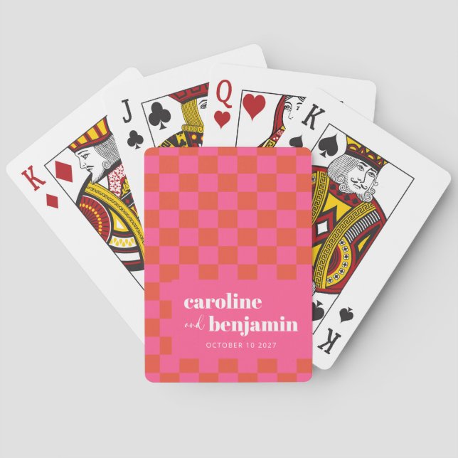 Bold Pink and Red Checkerboard Custom Wedding  Poker Cards (Back)