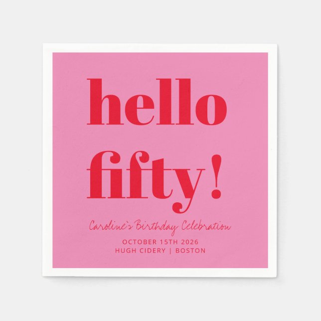 Bold Pink and Red Modern 50th Birthday Custom Napkins (Front)