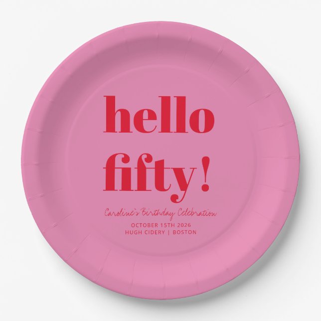 Bold Pink and Red Modern 50th Birthday Custom Paper Plates (Front)