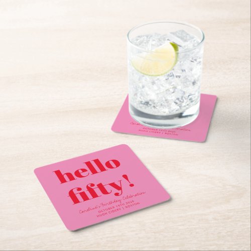 Bold Pink and Red Modern 50th Birthday Custom Square Paper Coaster