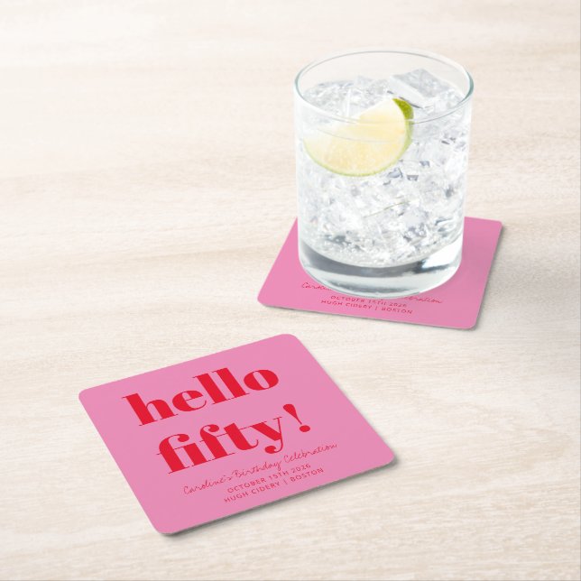 Bold Pink and Red Modern 50th Birthday Custom Square Paper Coaster (Insitu)