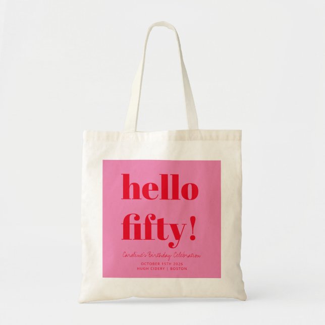 Bold Pink and Red Modern 50th Birthday Custom Tote Bag (Front)