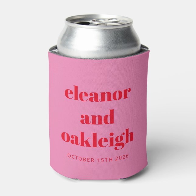 Bold Pink and Red Modern Wedding Custom Can Cooler (Can Front)
