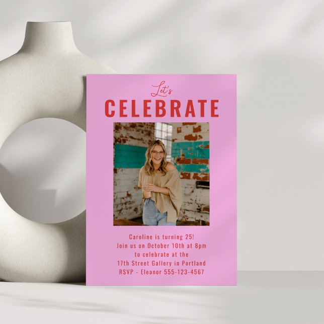 Bold Pink and Red Photo Celebration Birthday Party Invitation (Creator Uploaded)