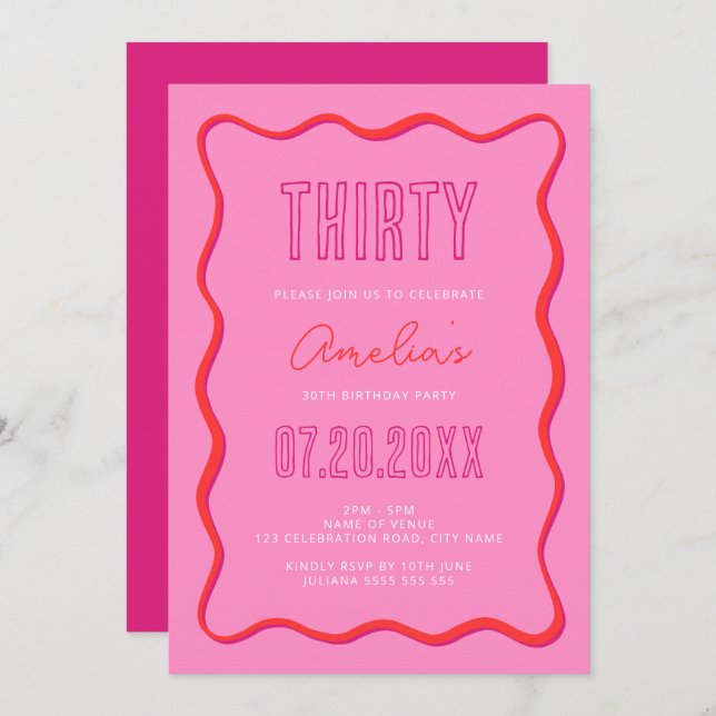 Bold Pink and Red with Wavy Border 30th Invitation (Front/Back)