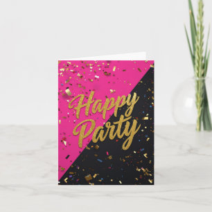 Bold pink/black background, gold confetti, fun scr invitation