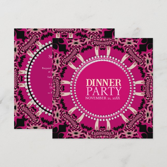 Bold Pink Black Modern Tribal Vibe Dinner Party Invitation (Front/Back)
