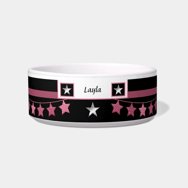 Bold Pink/Black Personalized Pet Bowl with Stars (Front)