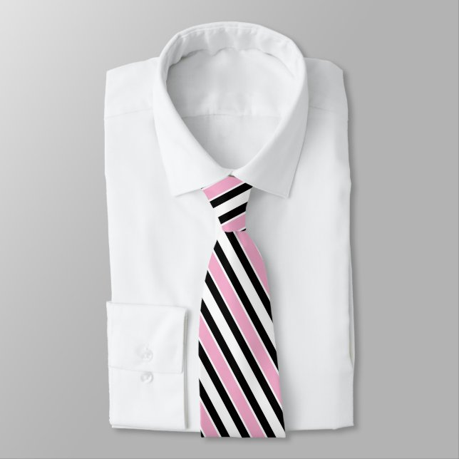 Bold Pink Black White Geometric Stripes Neck Tie (Tied)
