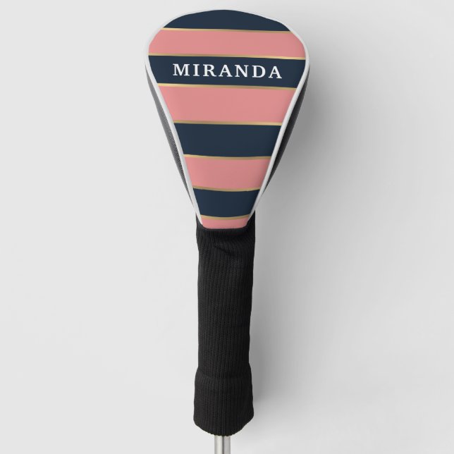 Bold Pink Blue Gold Stripe Pattern Golf Head Cover (Front)