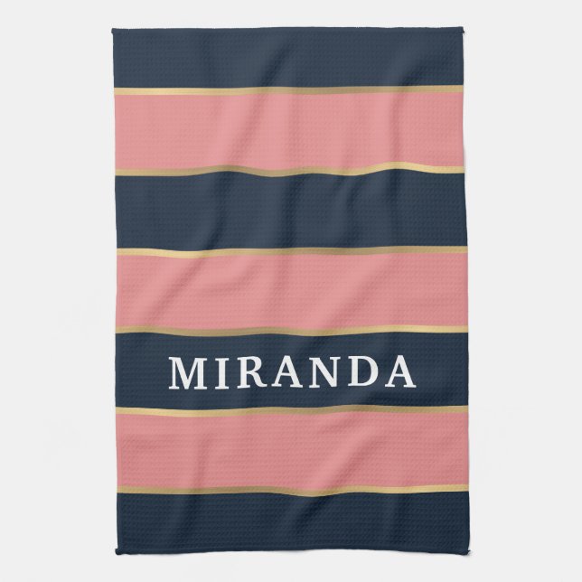 Bold Pink Blue Gold Stripe Pattern Kitchen Towel (Vertical)