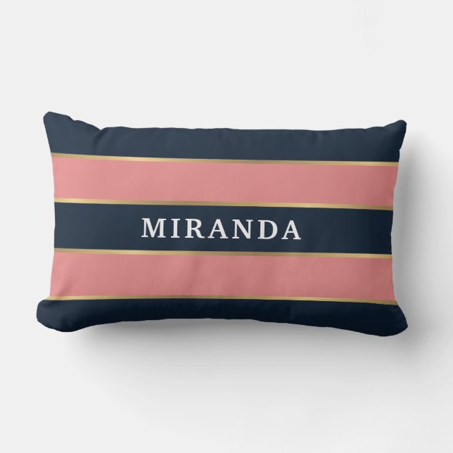 Bold Pink Blue Gold Stripe Pattern Lumbar Pillow (Front)